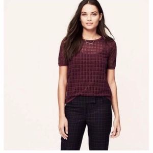 LOFT windowpane plaid sheer black top tee size L